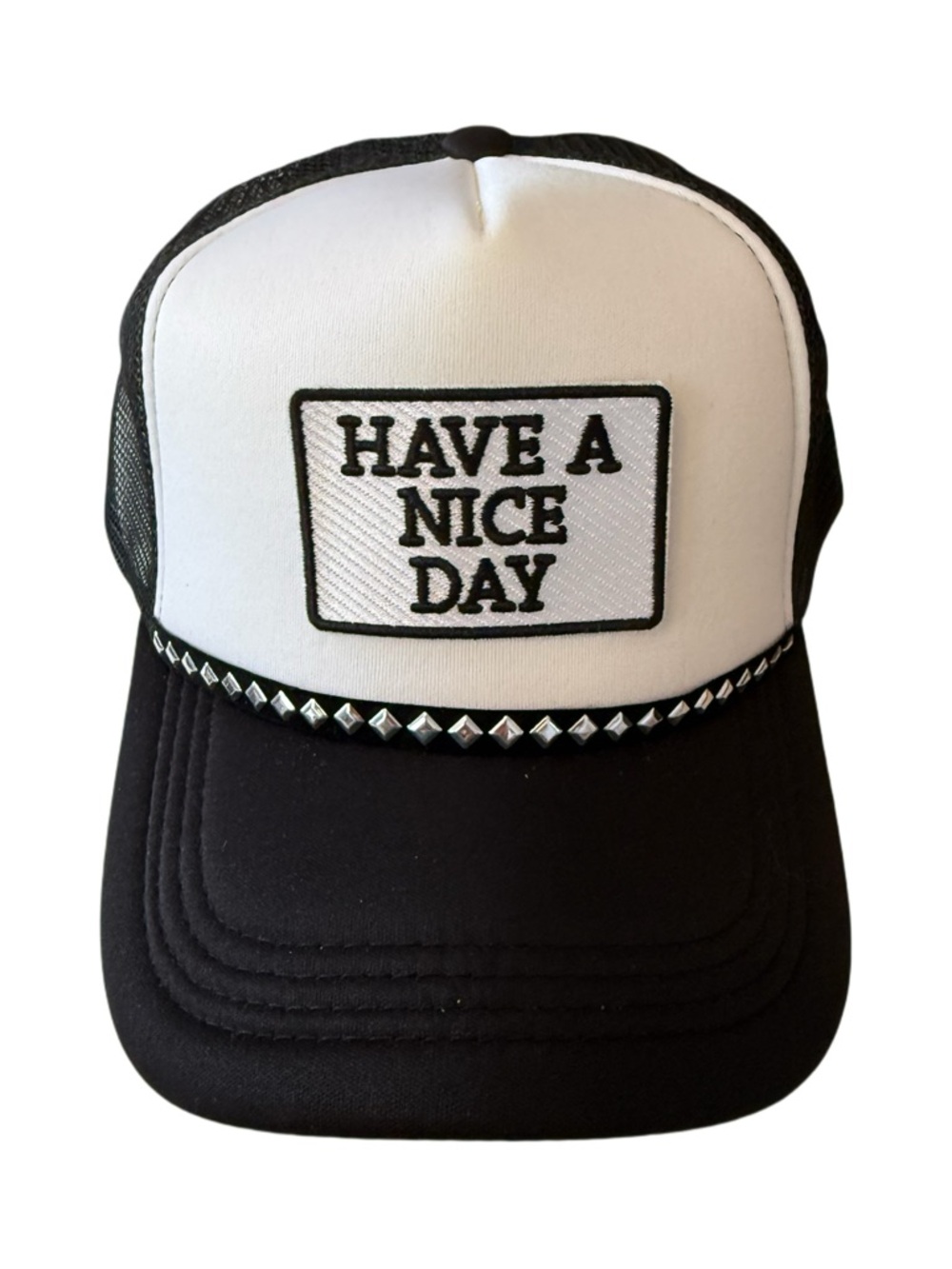 Have A Nice Day Black & White Studded Trucker Hat